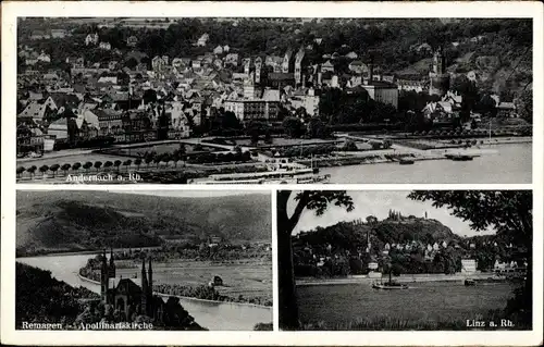 Ak Andernach am Rhein, Remagen, Linz, Apollinariskirche, Dampfer