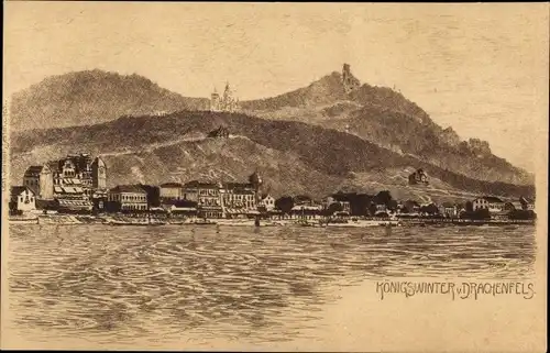 Litho Königswinter am Rhein, Burg Drachenfels, Gebäude am Wasser