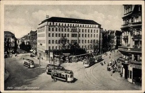 Ak Halle an der Saale, Riebeckplatz, Hotel Goldene Kugel, Straßenbahnen, Fuhrwerk