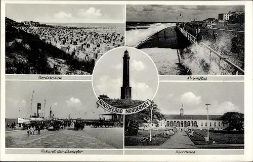 Ak Nordseebad Norderney Ostfriesland, Strandpartie, Kurhaus, Dampfer, Leuchtturm, Sturmflut