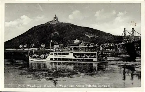 Ak Porta Westfalica, Blick von der Weser zum Kaiser Wilhelm Denkmal