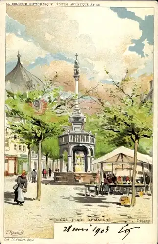 Künstler Litho Ranot, F., Liège Lüttich Wallonien, Place du Marché