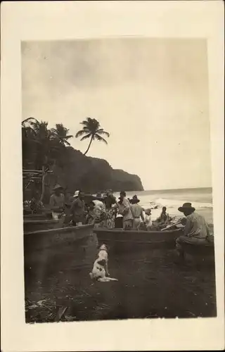 Foto Ak Martinique, Einheimische, Ruderboote, Palmen, Hund
