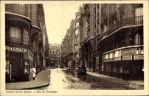 Ak Paris XVIII., Rue de Tretaigne, Pharmacie, Brasserie Alsacienne