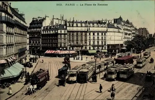 Ak Paris VI., La Place de Rennes, Straßenbahnen