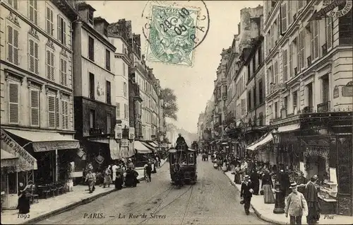 Ak Paris VI., La Rue de Sevres, Pferdebahn, Cafe