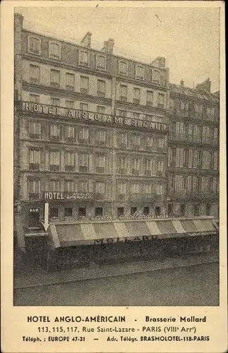 Ak Paris VIII. Arrondissement Élysée, Hotel Anglo-Americain, Brasserie Mollard, Rue Saint Lazare
