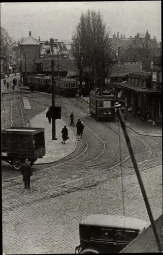 Ak Leiden Südholland Niederlande, Stationsweg met tramstation 1931