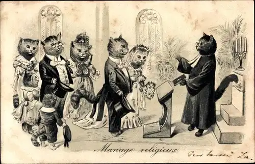Litho Vermenschlichte Katzen bei der Hochzeit, Trauung, Pfarrer