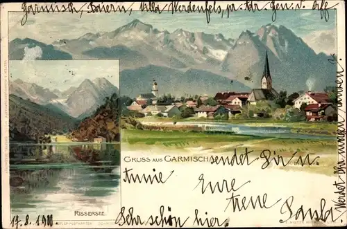 Künstler Litho Deuchert, H., Garmisch Partenkirchen in Oberbayern, Gesamtansicht, Rissersee