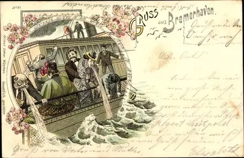 Litho Gruß von der See, Seekrankheit, sich übergebende Passagiere