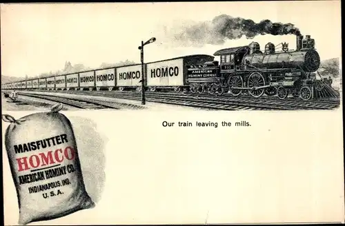 Ak Reklame, Homco Maisfutter, American Hominy Co., Indianapolis Indiana USA, Eisenbahn, Dampflok