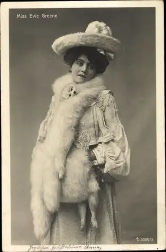 Ak Schauspielerin Evie Greene, Portrait, Fuchstola, Pelzmuff, Pelzhut