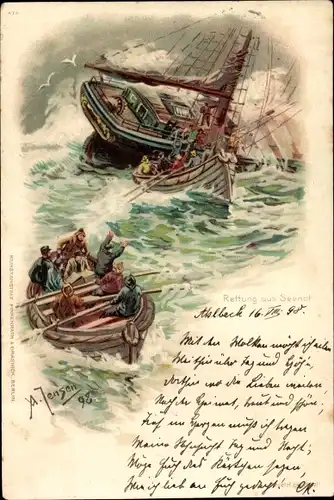 Künstler Litho Jensen, A., Rettung aus Seenot, Segelschiff, Rettungsboote