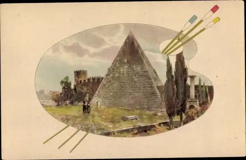 Passepartout Ak Roma Rom Lazio, Palette, Pinsel, Piramide di Caio Cestio