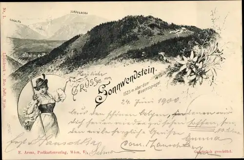 Ak Schottwien in Niederösterreich, Sonnwendstein, Frau in Tracht, Schneeberg, Raxalpe, Edelweiß