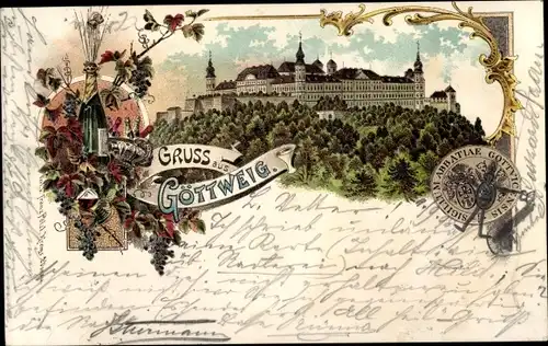 Litho Göttweig Niederösterreich, Abtei, Sektflasche, Siegel