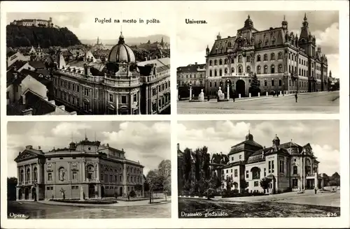 Ak Ljubljana Laibach Slowenien, Pogled na mesto in poštu, Universa, Opera, Dramsko gledališče