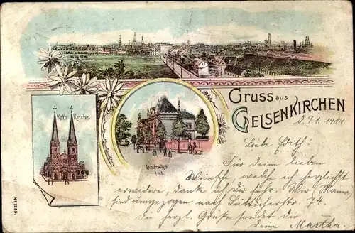 Litho Gelsenkirchen im Ruhrgebiet, Totale, Kath. Kirche, Landratsamt