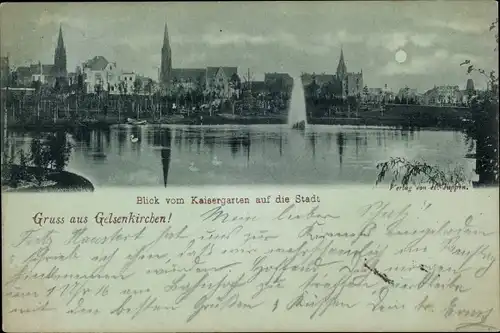 Mondschein Ak Gelsenkirchen im Ruhrgebiet, Blick vom Kaisergarten auf die Stadt