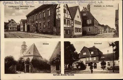 Ak Groß Rohrheim in Hessen, Rheinstraße, Rathaus, Bahnhof, Gasthaus zum Deutschen Haus