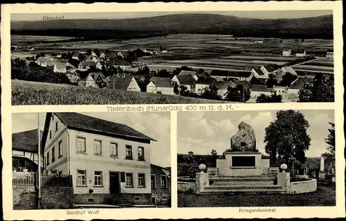 Ak Tiefenbach im Hunsrück, Gasthof Wolf, Kriegerdenkmal, Totalansicht