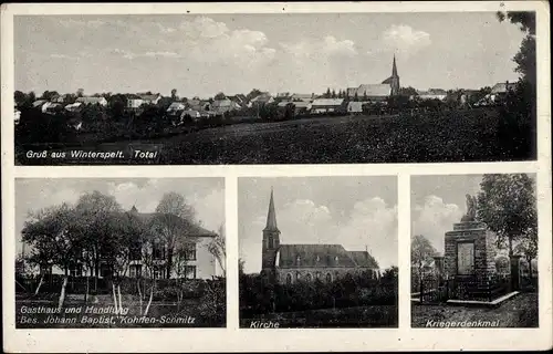 Ak Winterspelt in der Eifel, Gasthaus und Handlung, Kirche, Kriegerdenkmal, Totalansicht