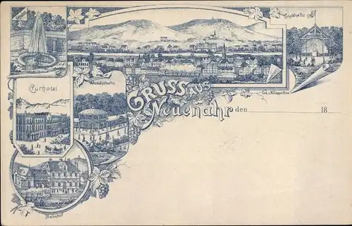 Litho Bad Neuenahr Ahrweiler in Rheinland Pfalz, Kurhotel, Trinkhalle, Bahnhof, Wandelbahn, Totale