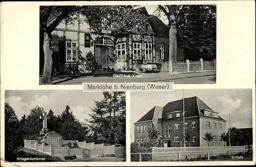 Ak Marklohe in Niedersachsen, Gasthof Vogel, Schule, Kriegerdenkmal