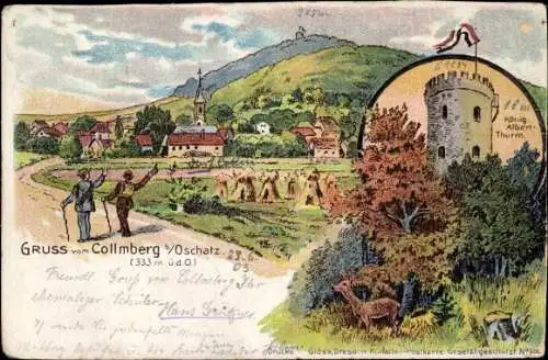 Litho Collmberg Collm Wermsdorf Sachsen, Panorama, König Albert Turm