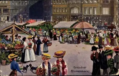 Künstler Ak Dresden, Blumenmarkt auf dem Altmarkt, Frauen, Weisswaren Confection, Kaufhaus