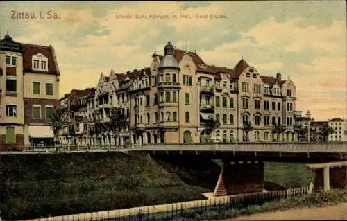 Ak Zittau in Sachsen, Uferstraße, Ecke Königstraße mit Heil. Geist Brücke