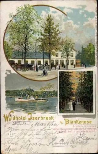 Litho Hamburg Altona Blankenese, Waldhotel Iserbrook, Salondampfer, Verlobten Allee