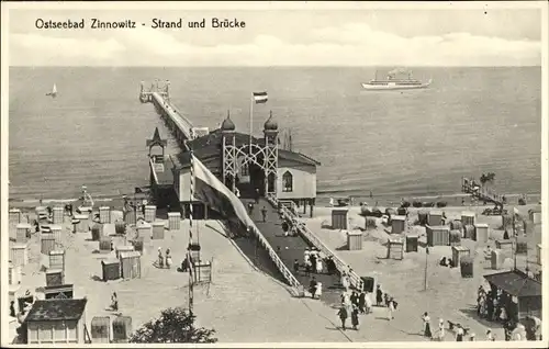 Ak Ostseebad Zinnowitz auf Usedom, Strand und Brücke