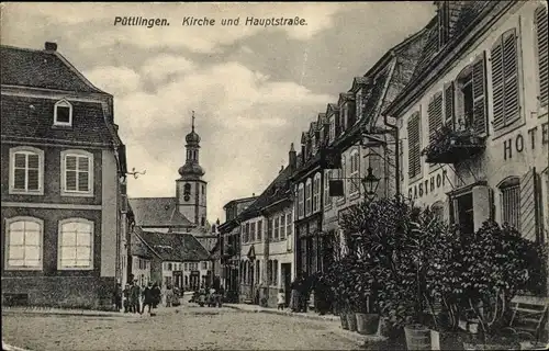 Ak Püttlingen im Saarland, Hauptstraße, Kirche, Gasthof