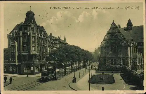 Ak Gelsenkirchen im Ruhrgebiet, Hochstraße, Realgymnasium, Straßenbahn