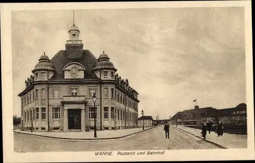 Ak Wanne Herne im Ruhrgebiet, Postamt und Bahnhof