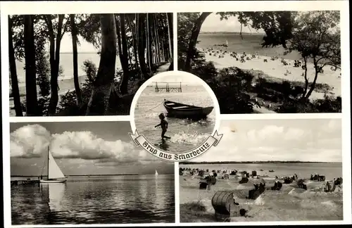 Ak Scharbeutz, Blick auf das Meer, Strand, Segelboot, Wald