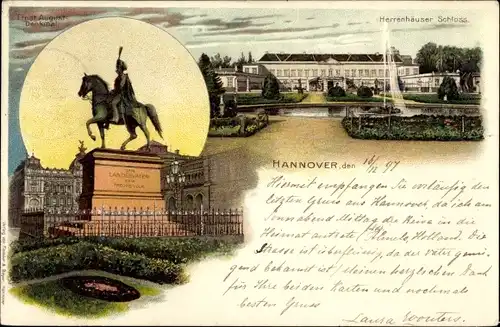 Litho Hannover in Niedersachsen, Herrenhäuser Schloss, Ernst August Denkmal