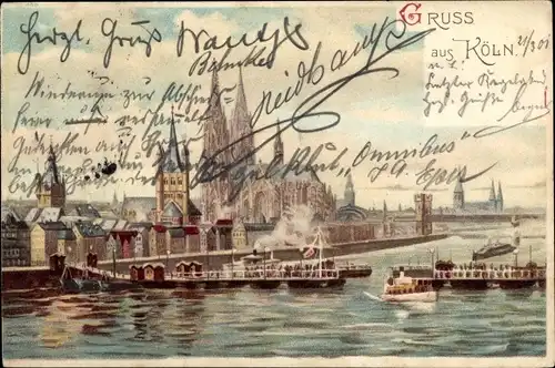 Litho Köln am Rhein, Dampfer, Anlegestelle, Ufer, Dom