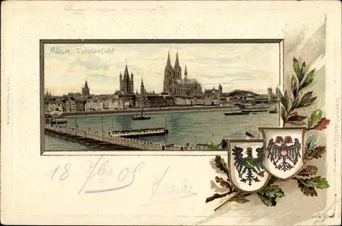 Passepartout Wappen Litho Köln am Rhein, Totale, Wappen, Rhein, Pontonbrücke