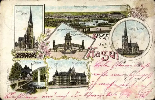 Litho Hagen in Westfalen Ruhrgebiet, Kath. Kirche, Totalansicht, Ev. Kirche, Gewerbeschule