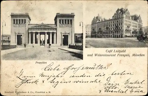 Ak München, Propyläen, Café Luitpold und Weinrestaurant Francais