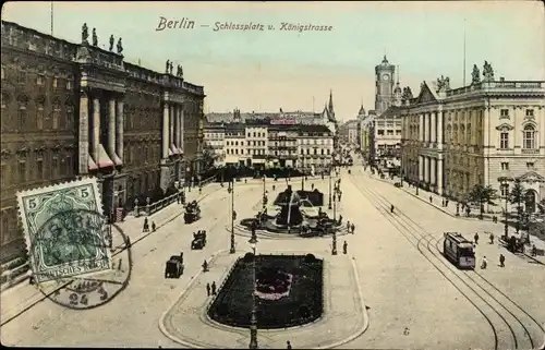 Ak Berlin Mitte, Schlossplatz und Königstraße, Marstall, Rathausturm, Straßenbahnen