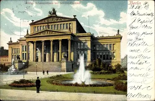 Ak Berlin Mitte, Königl. Schauspielhaus mit Schillerdenkmal, Springbrunnen