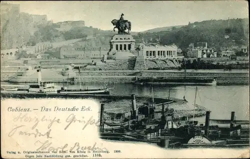Ak Koblenz am Rhein, Deutsches Eck, Kaiser Wilhelm I Denkmal, Ehrenbreitstein