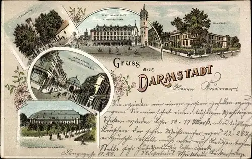 Litho Darmstadt in Hessen, Kath. Kirxche, Wilhelminensatraße, Orangerie, Ludwigshöhe, Saalbau