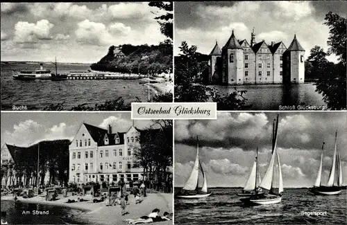 Ak Glücksburg an der Ostsee, Dampfer am Anleger, Schloss, Strand, Segelsport