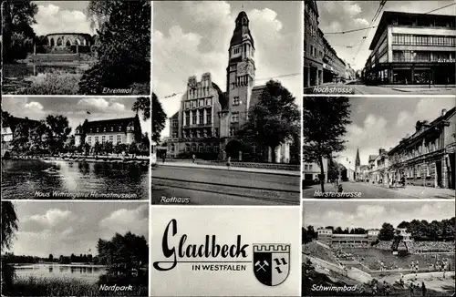 Ak Gladbeck Westfalen, Horsterstraße, Rathaus, Nordpark, Heimatmuseum, Hochstraße, Schwimmbad