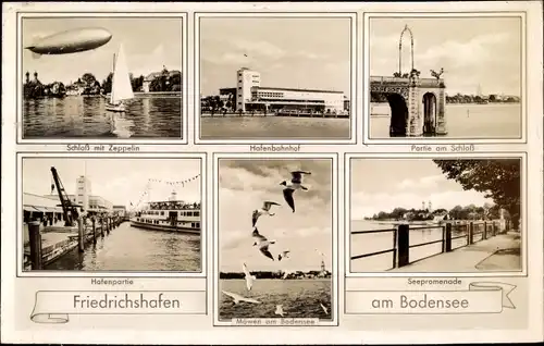 Ak Friedrichshafen am Bodensee, Schloss mit Zeppelin, Hafenbahnhof, Hafen, Promenade
